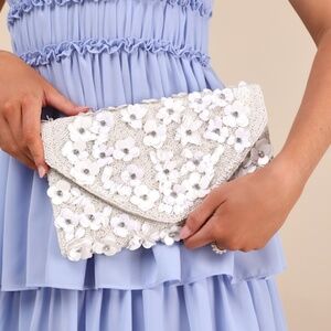 Lulus Vinka White Beaded Floral Sequin Rhinestone Clutch - Size One Size